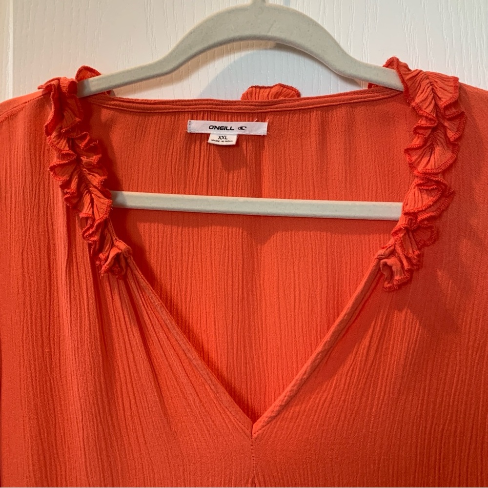 O’NEILL Women’s Long-sleeve Coral Orange Ruffle V-Neck Blouse Top XXL - Picture 3 of 12